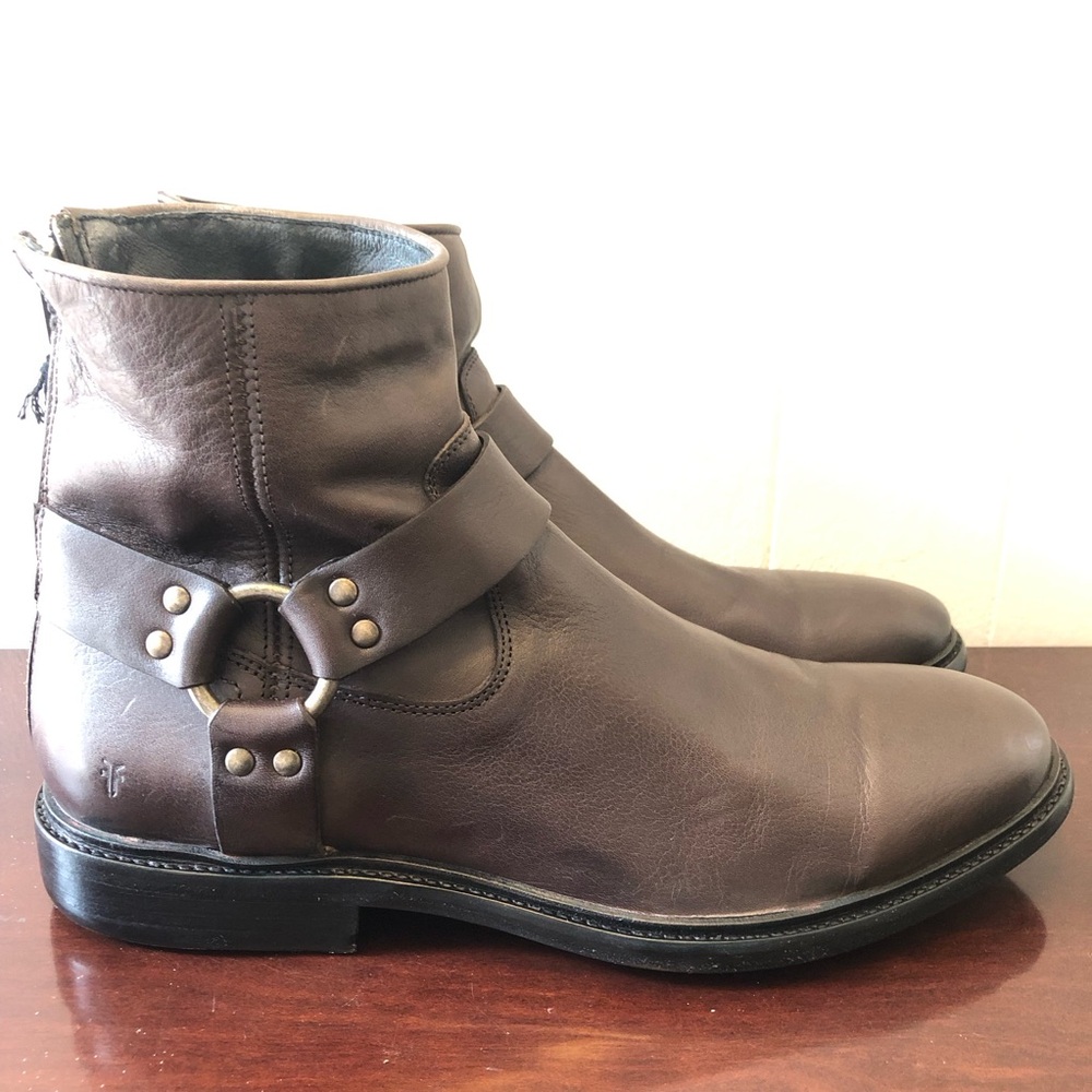 Frye Men Sz 10 Dark Brown Leather Harness Ankle Boots